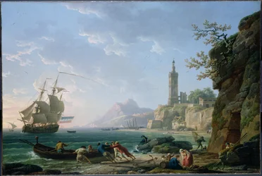 Claude-Joseph Vernet. Paysage côtier méditerranéen. Navire marchand néerlandais dans une baie.